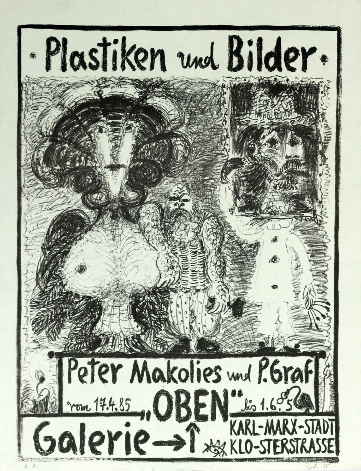Peter Graf, Plastiken und Bilder / Peter Makolis und P. Graf / Glaerie Oben / vom 17.4.85 bis 1.6.85